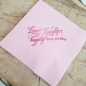 Love Laughter and Happily Ever After Light Pink and Plum Wedding Reception Hand Stamped 3 Ply Paper Beverage Cocktail Napkins Set of 50 image 2