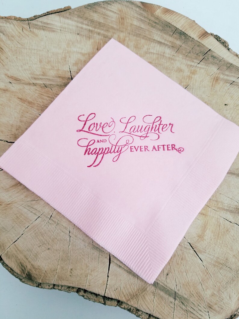 Love Laughter and Happily Ever After Light Pink and Plum Wedding Reception Hand Stamped 3 Ply Paper Beverage Cocktail Napkins Set of 50 image 2