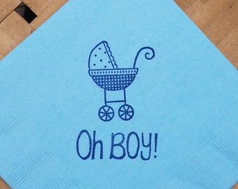 Oh Boy Baby Buggy Baby Shower Light Blue Cocktail Napkins Baby Boy in Navy ink- Set of 50