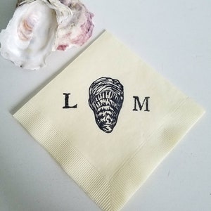 Oyster Shell Personalized Nautical Beach Marsh Wedding Beverage Napkins in Ivory Paper Cocktail Napkins with Couples Initials Set of 50 image 4