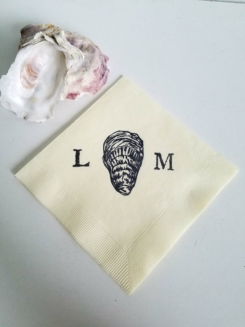 Oyster Shell Personalized Nautical Beach Marsh Wedding Beverage Napkins in Ivory Paper Cocktail Napkins with Couples Initials Set of 50 image 4