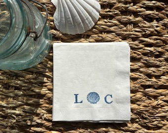 Vintage Sea Shell White Paper 3 Ply Wedding Cocktail Napkins with Couples Initials Set of 50