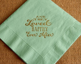 And They Loved Happily Ever After Fresh Mint 3 Ply Paper Beverage Cocktail Wedding Napkins in Sepia Ink Fairytale Wedding - Set of 50