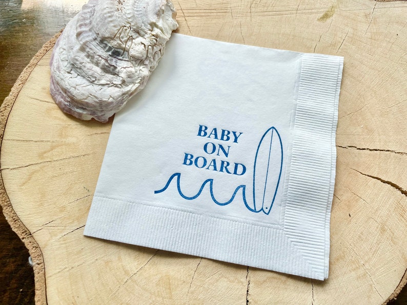 25 Baby on Board Surf Nautical Beach Baby Shower Cocktail Napkins White Napkins Navy Blue ink 3 Ply Paper beverage napkins 5x5 image 5