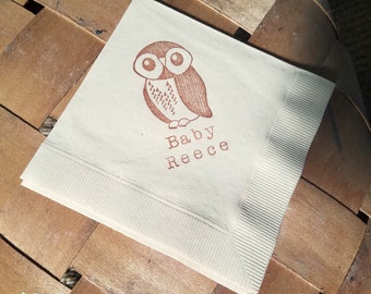 Rustic Personalized Light Burlap Baby Owl Baby Shower Paper Custom 3 Ply Paper Cocktail Napkins in Sepia Brown ink Gender Neutral -Set of 50