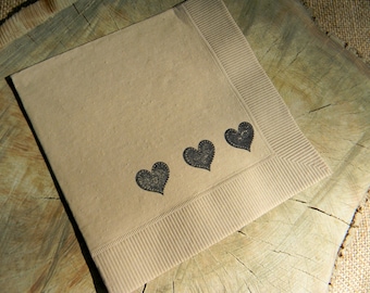 Rustic Lace Dotted Hearts Wedding 3 Ply Paper Beverage Cocktail Napkins Wedding Decor in Light Burlap Beige - set of 50
