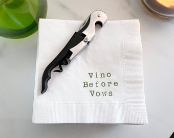 25 Vino Before Vows Bridal Shower Bachelorette Party Paper Cocktail Napkins White disposable 3 ply in Olive ink 5x5 inches