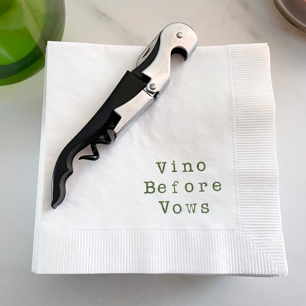 25 Vino Before Vows Bridal Shower Bachelorette Party Paper Cocktail Napkins White disposable 3 ply in Olive ink 5x5 inches