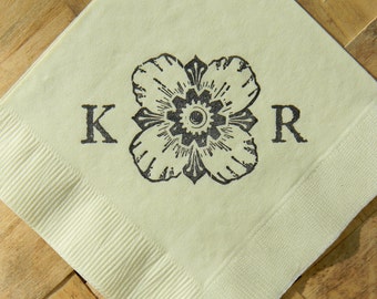 Personalized Rosette Large Initials Wedding Ivory 3 Ply Paper Cocktail Napkins Steampunk Architectural Detail Compass Rose - Set of 50