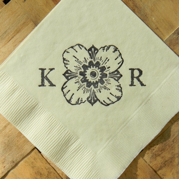 Personalized Rosette Large Initials Wedding Ivory 3 Ply Paper Cocktail Napkins Steampunk Architectural Detail Compass Rose - Set of 50