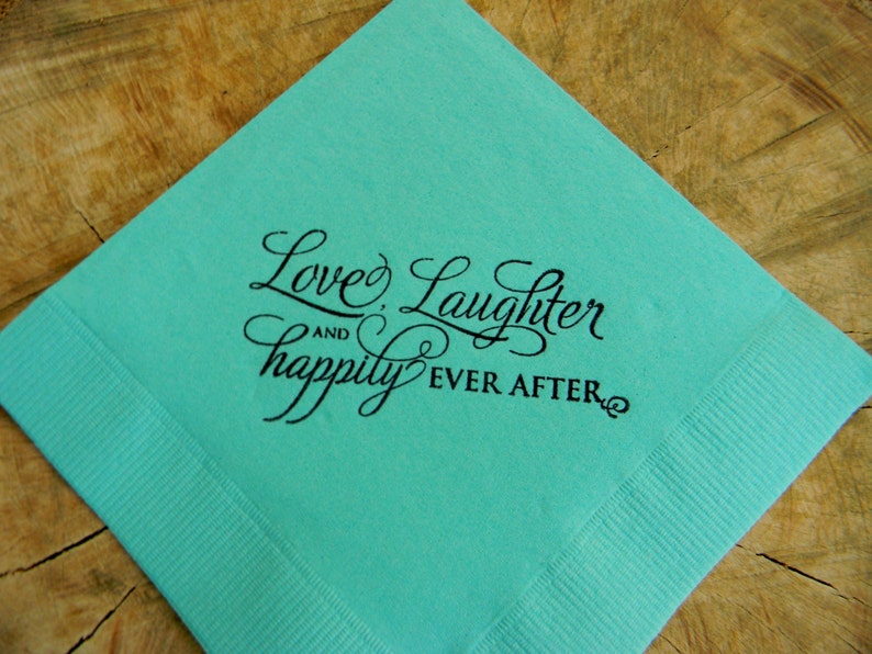 Love Laughter and Happily Ever After Light Pink and Plum Wedding Reception Hand Stamped 3 Ply Paper Beverage Cocktail Napkins Set of 50 image 4