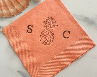 Pineapple Custom Wedding Napkins Hand Stamped Peach Coral 3 ply Cocktail Napkins with Large Couples initials with Grey ink - Set of 50