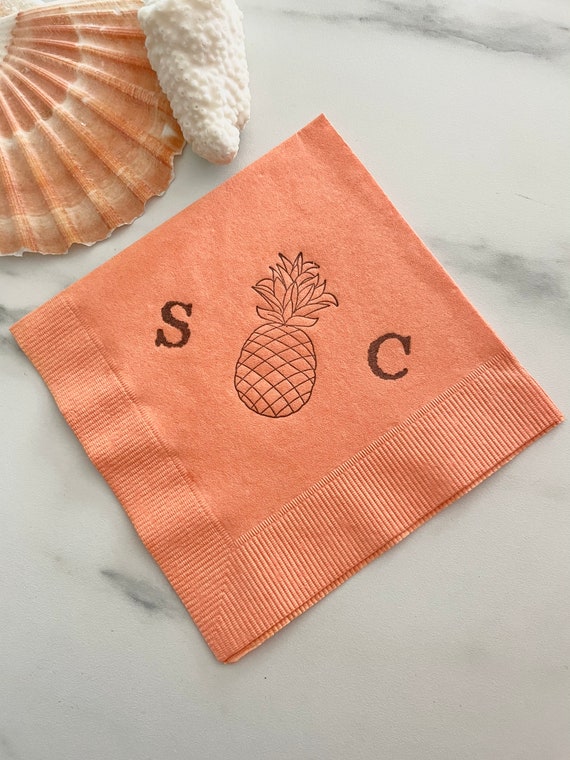 Pineapple Custom Wedding Napkins Hand Stamped Peach Coral 3 ply Cocktail Napkins with Large Couples initials with Grey ink - Set of 50