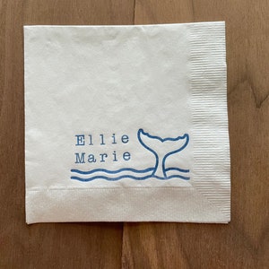 25 Baby Whale Tail Mermaid Baby Shower Custom Cocktail Napkins White Napkins Navy ink Baby Birthday 3 Ply Paper beverage napkins 5x5