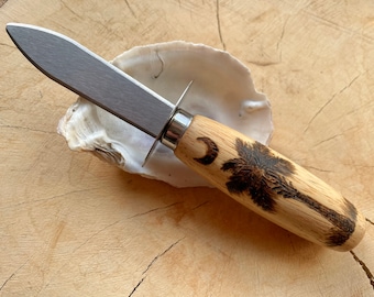 Hand Burnt Palmetto Moon Oyster Knife Groomsmen Gift Bridesmaid Gift or Rustic Wedding Favor