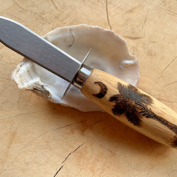 Hand Burnt Palmetto Moon Oyster Knife Groomsmen Gift Bridesmaid Gift or Rustic Wedding Favor