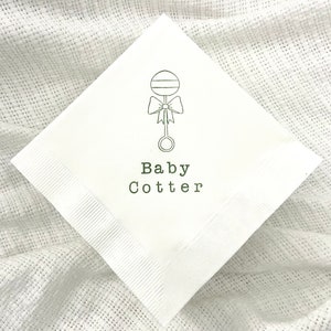 Personalized Baby Rattle Baby Shower White Beverage Cocktail Napkins Baby Sprinkle Girl or Boy Gender neutral in Olive ink- Set of 50