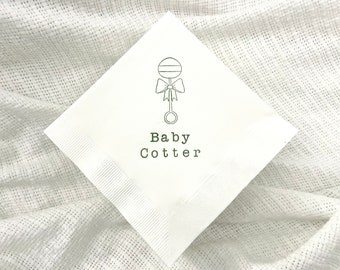 Personalized Baby Rattle Baby Shower White Beverage Cocktail Napkins Baby Sprinkle Girl or Boy Gender neutral in Olive ink- Set of 50