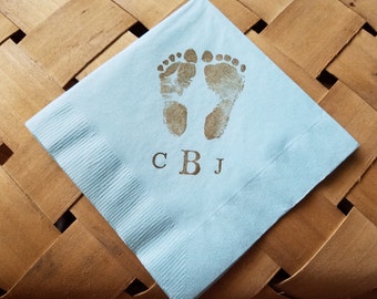 25 Baby Shower Light Blue Personalized Little Footprints Small and Large Letter Name Monogram 3 Ply Paper Cocktail  Napkins in Coffee ink