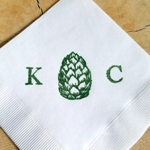 Personalized Beer Hops Paper Cocktail Napkins Brewing Brewery Monogram Custom 3 Ply Paper Beverage White with Olive Green ink- Set of 50