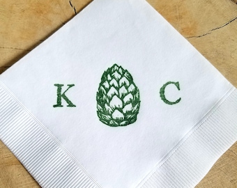 Personalized Beer Hops Paper Cocktail Napkins Brewing Brewery Monogram Custom 3 Ply Paper Beverage White with Olive Green ink- Set of 50