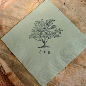 Rustic Personalized Sage Green Woodsy Wedding Custom Paper Beverage Cocktail Napkins With Live Oak Tree and Couples Initials - Set of 50