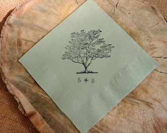 Rustic Personalized Sage Green Woodsy Wedding Custom Paper Beverage Cocktail Napkins With Live Oak Tree and Couples Initials - Set of 50