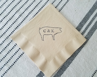 Monogram Pig Light Burlap Rustic Farm Wedding 3 Ply paper Dinner Luncheon Napkins with Initials in black ink 6.5x6.5 inches - Set of 50