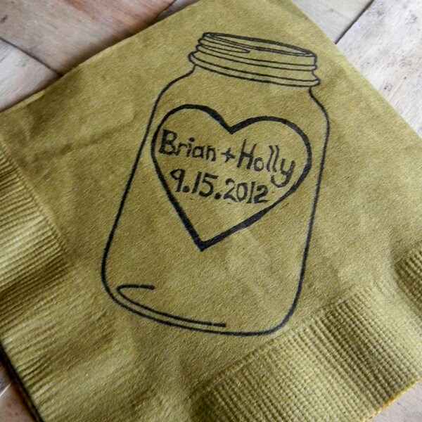 Rustic Personalized Golden Brown Mason Jar Burlap Wedding Cocktail Napkins with Large Heart Couples Names and Wedding Date- set of 50