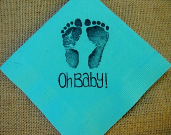 25 Oh Baby Shower Footprints Bermuda Blue 3 Ply Paper Beverage Cocktail Napkins Gender Reveal Party Gender Reveal Neutral 5x5 inches