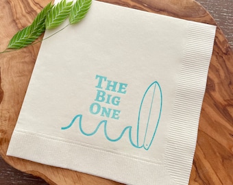 25 The Big One Surf Baby Shower Custom Cocktail Napkins ivory Napkins with aqua ink Baby first Birthday 3 Ply Paper beverage napkins 5x5