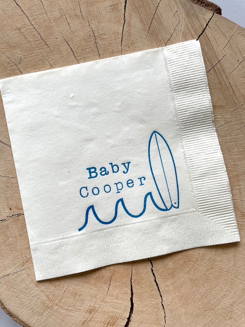 25 Baby on Board Surf Baby Shower Custom Cocktail Napkins White Napkins Bright Blue ink Baby Birthday 3 Ply Paper beverage napkins 5x5 image 2