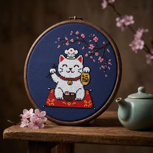 Peut inclure: Un tambour à broder circulaire en bois présentant un motif au point de croix d'un chat porte-bonheur blanc portant une toque de chef. Le chat est assis sur un coussin rouge, tenant une pièce jaune avec le caractère chinois de la fortune.