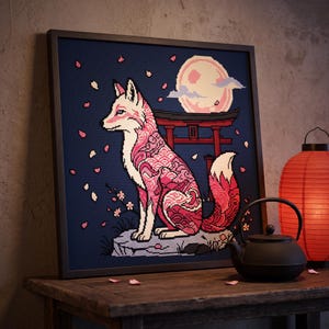 May include: A square framed cross-stitch artwork featuring a stylized fox with pink and white patterned fur sitting on a rock. The background displays a dark blue night sky, a large pale moon, a red torii gate, and falling pink cherry blossom petals.