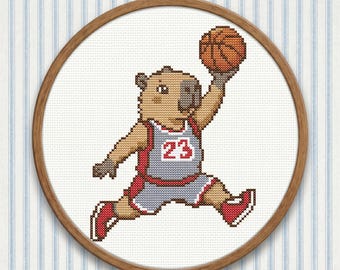 Printable Capybara Basketball Player Cross Stitch Pattern. Beginner Friendly. Instant Download.