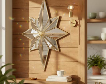 Resin Star Mirror Wall Decor Octagonal Hanging Boho Home Accent for Bedroom, Living Room, Nursery and Gift
