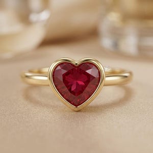 Könnte beinhalten: Ein goldener Ring mit einem herzförmigen, tiefroten Edelstein. Der Edelstein ist in einer goldenen Lünette gefasst, und das Band ist aus poliertem Gold. Der Ring wird auf einer neutralen, strukturierten Oberfläche präsentiert.