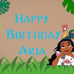 May include: A tan background features the blue text Happy Birthday Aria. A cartoon character with long dark hair lies on a white pig with black spots, while a small rooster sits on the character's head. Green grass and tropical leaves frame the scene.