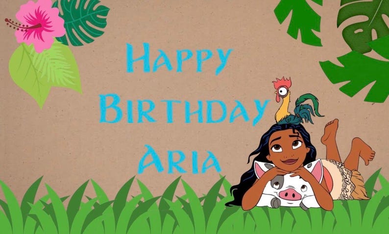 May include: A tan background features the blue text Happy Birthday Aria. A cartoon character with long dark hair lies on a white pig with black spots, while a small rooster sits on the character's head. Green grass and tropical leaves frame the scene.