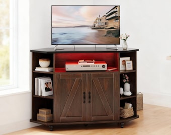 Space-Saving Farmhouse Corner TV Console Space-Saving Farmhouse Corner TV Console | LED Entertainment Center with Shelves for Living Room