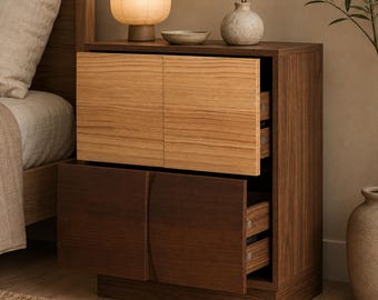 Two Tone Wood Nightstand with 2 Drawers | Mid Century Modern Color Block Bedside Table | Solid Wood Front Cabinet | gift for housewarming