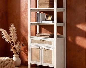 Boho White Bookshelf with Rattan Doors | Storage Cabinet with Drawer | Farmhouse Bookcase for Home Office | gift for housewarming