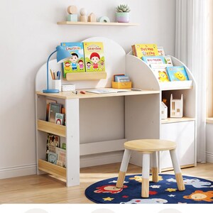 Kids Cloud Desk  Stool Set | Wooden Study Table with Bookshelf  Storage Cabinet | Montessori Learning Desk for Toddlers | gift for her