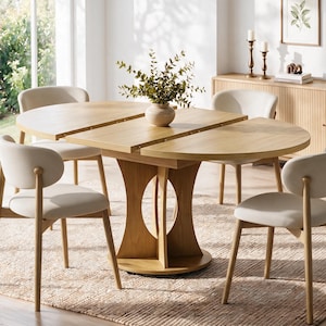 Round Extendable Dining Table | Solid Wood Butterfly Leaf | Natural Oak Pedestal Table Seats 2-8 | Modern Farmhouse Kitchen Table