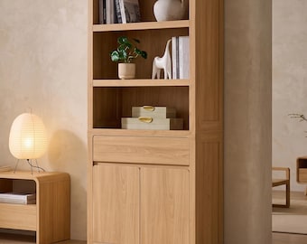 Curved Bookcase Cabinet with Drawer & Doors | Modern Wood Bookshelf | Adjustable Shelves Storage Cabinet for Living Room Study Office | gift
