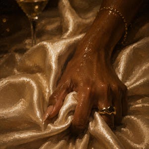 May include: A hand with long nails and a gold ring rests on a gold satin fabric. The hand is wet, with water droplets visible. A gold bracelet adorns the wrist. A martini glass with a golden liquid is in the background.