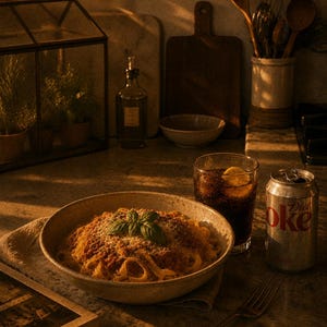 Puede incluir: Un plato de pasta con salsa de tomate, queso y una hoja de albahaca. Un vaso de cola con una rodaja de limón y una lata de Diet Coke están junto al plato. Un tenedor y un libro también están en la imagen.