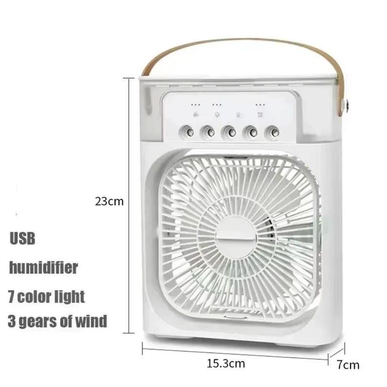 May include: White USB humidifier with a fan, 7 color light, and 3 wind gears. The unit is 23cm tall, 15.3cm wide, and 7cm deep. It has a handle and control buttons. The text on the side reads: USB, humidifier, 7 color light, 3 gears of wind.