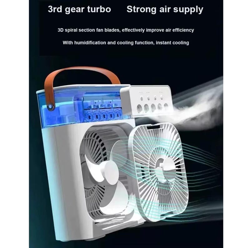 May include: White and blue portable air cooler with a brown handle. The device has a fan and a water reservoir. Text on the image reads "3rd gear turbo" and "Strong air supply". It also states "3D spiral section fan blades, effectively improve air efficiency" and "With humidification and cooling function, instant cooling".