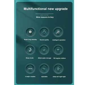 May include: A teal graphic with white text and icons. The text reads "Multifunctional new upgrade" and "Nine reasons to buy." Icons represent features like sleep mode, 600ml water storage, and washable.